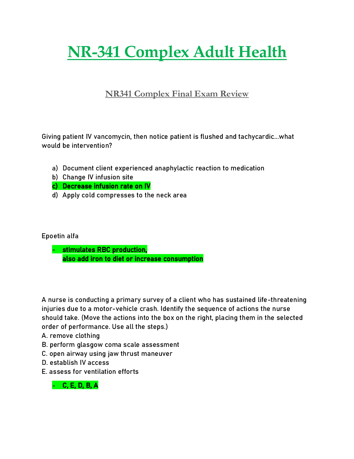 NR341 / NR341 Final Exam Review  : Complex Adult Health - Chamberlain